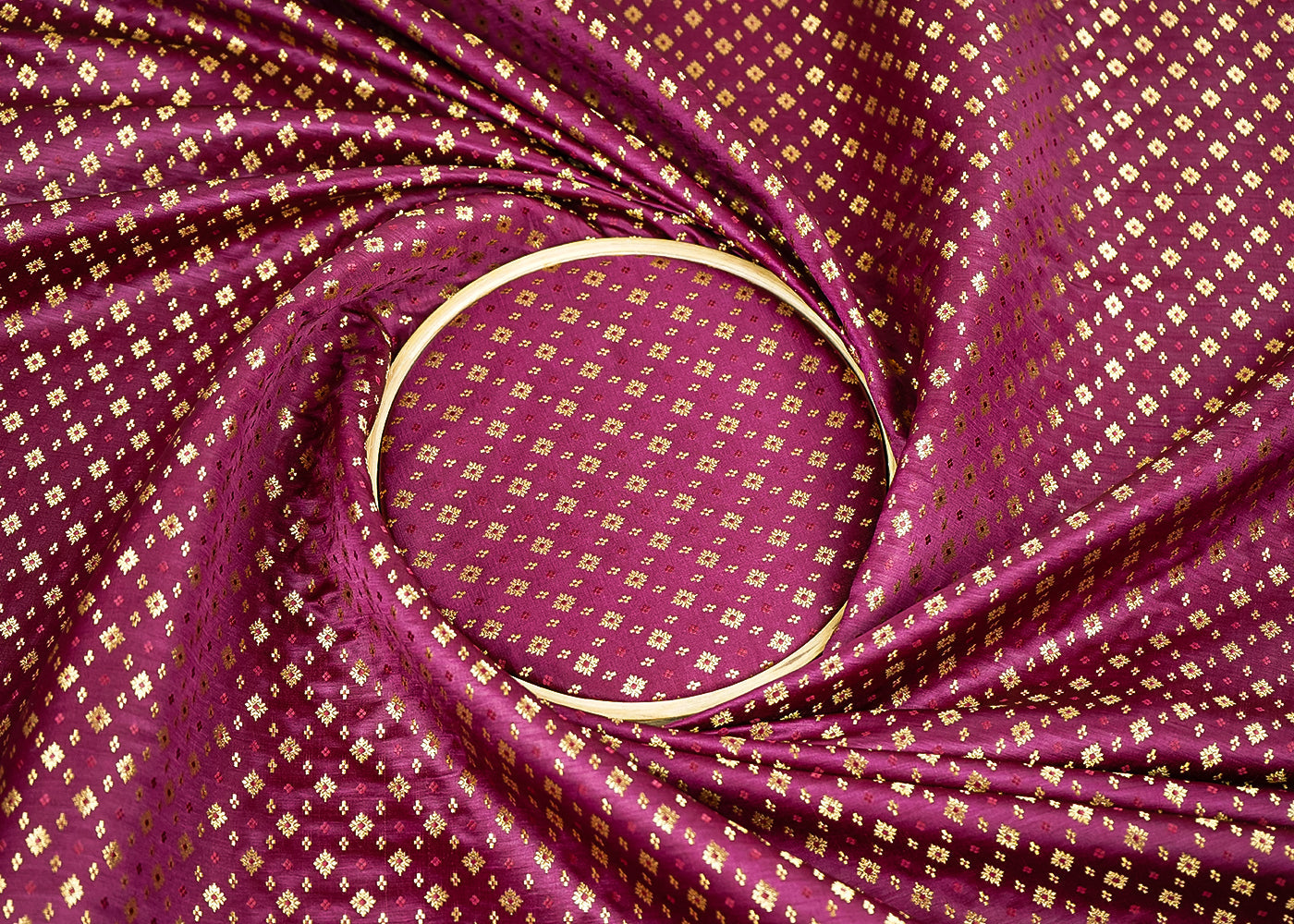 Wine Banarasi Brocade Fabric with Allover Golden Zari Handloom 19785