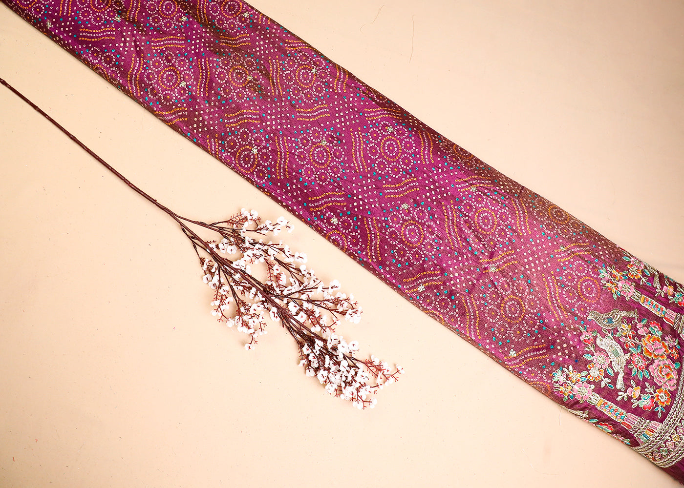 Purple Tissue Fabric With All Over Bandhani Print, Thread, Sequins And Zari Work With One Side Border 16791
