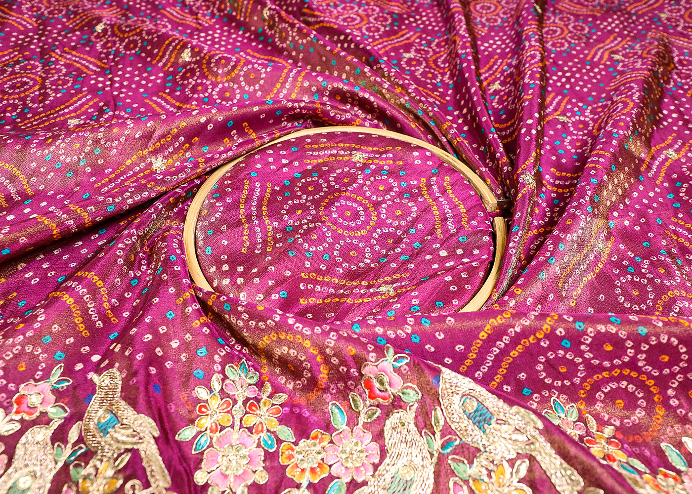 Purple Tissue Fabric With All Over Bandhani Print, Thread, Sequins And Zari Work With One Side Border 16791