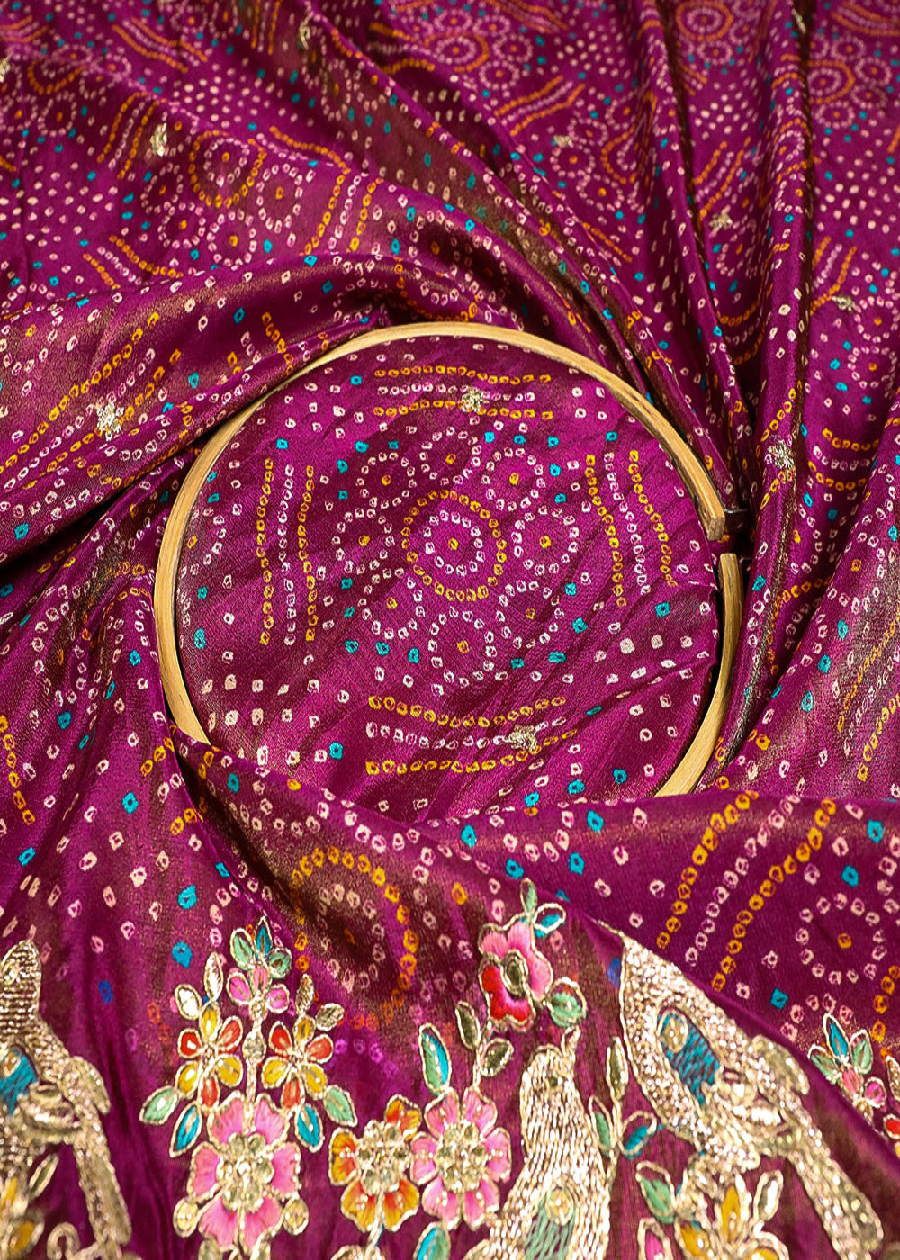 Dark-Pink-Tissue-Fabric-With-All-Over-Bandhani-Print,-Thread,-Sequins-And-Zari-Work-With-One-Side-Border-16791-close-view