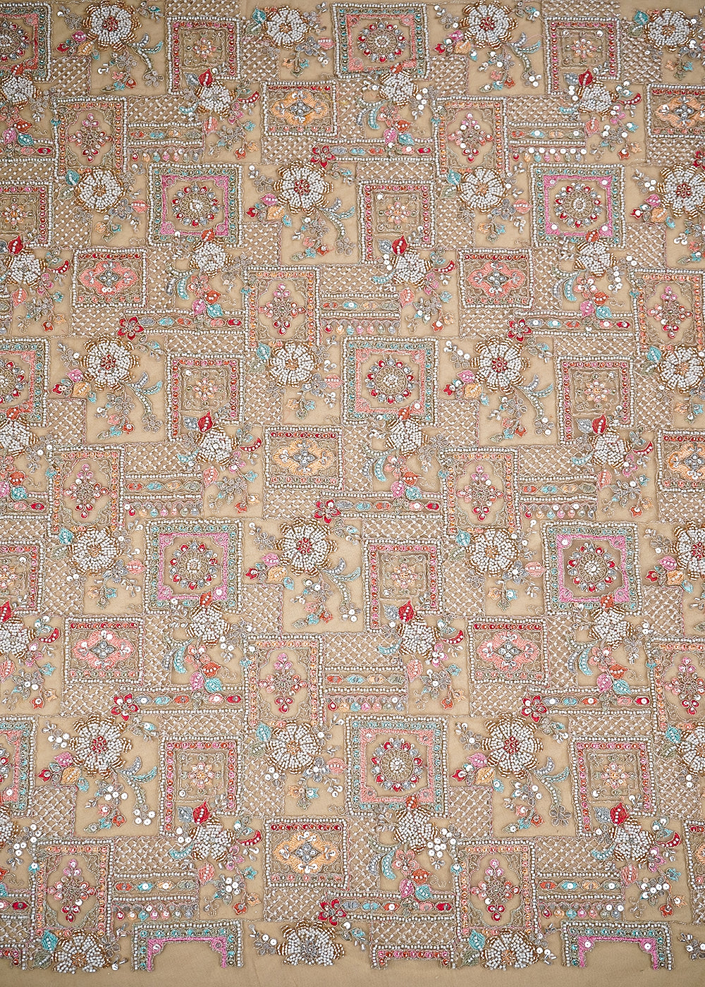 Cream Imported Imported Net Fabric with Allover Sequins, Thread, Zari and Bead Work 19791