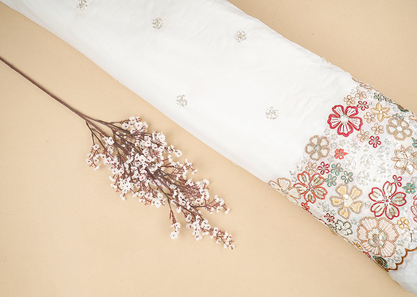 White Georgette Fabric with Allover Sequins Buti and One-Side Heavy Thread, Sequins and Bead Work Border 19793