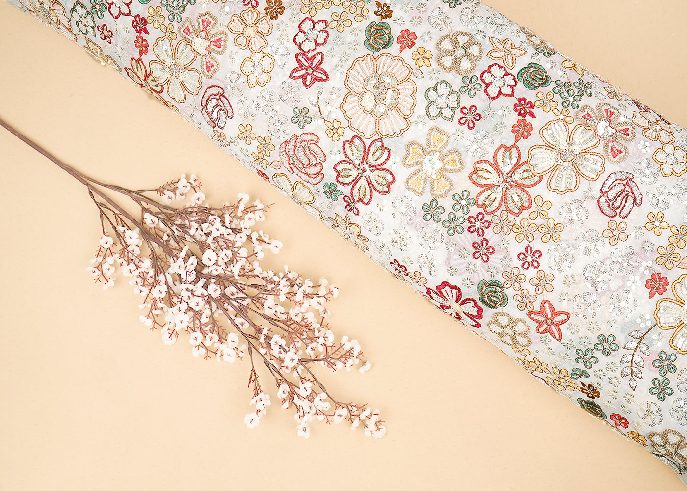 White Georgette Fabric with Allover Thread, Sequins and Bead Work 19794