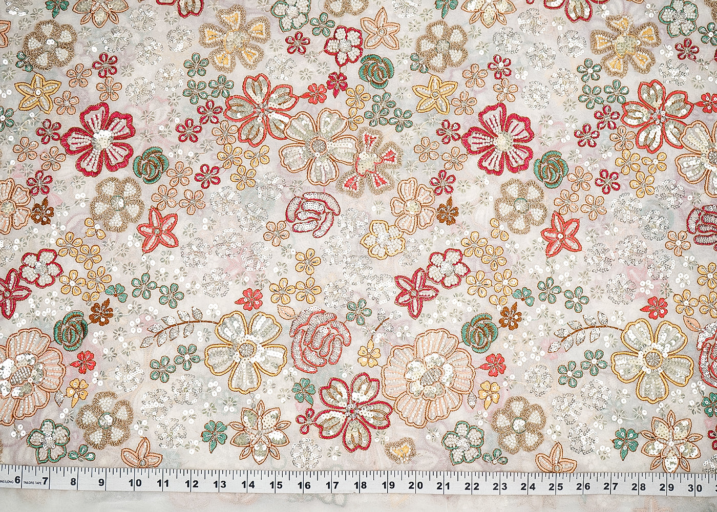 White Georgette Fabric with Allover Thread, Sequins and Bead Work 19794