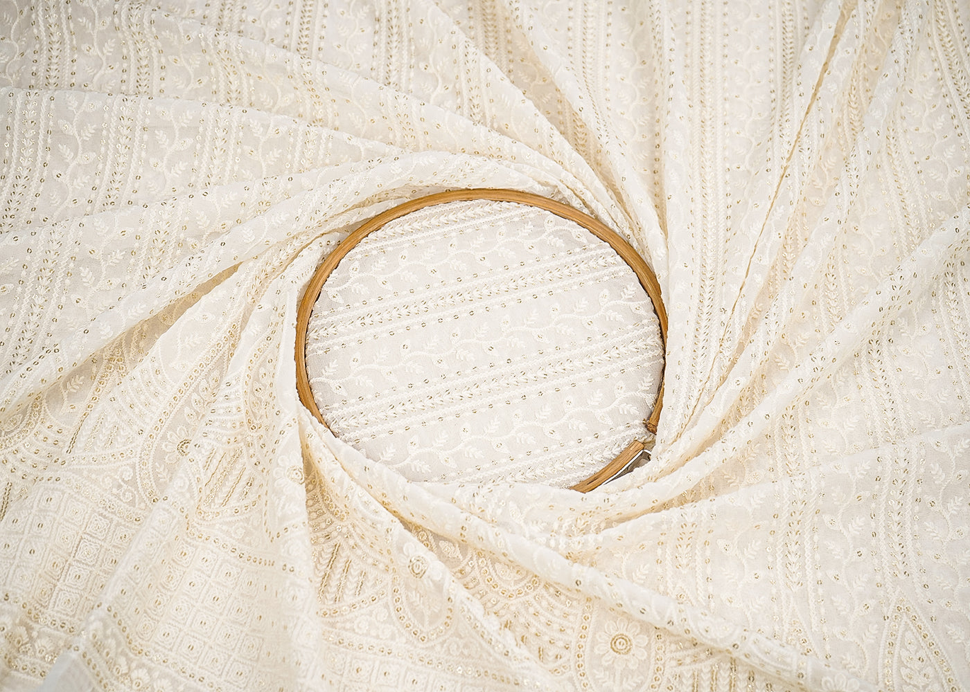 White Georgette Fabric with Allover Thread and Sequins Work with One-Side Scalloped Border 19795