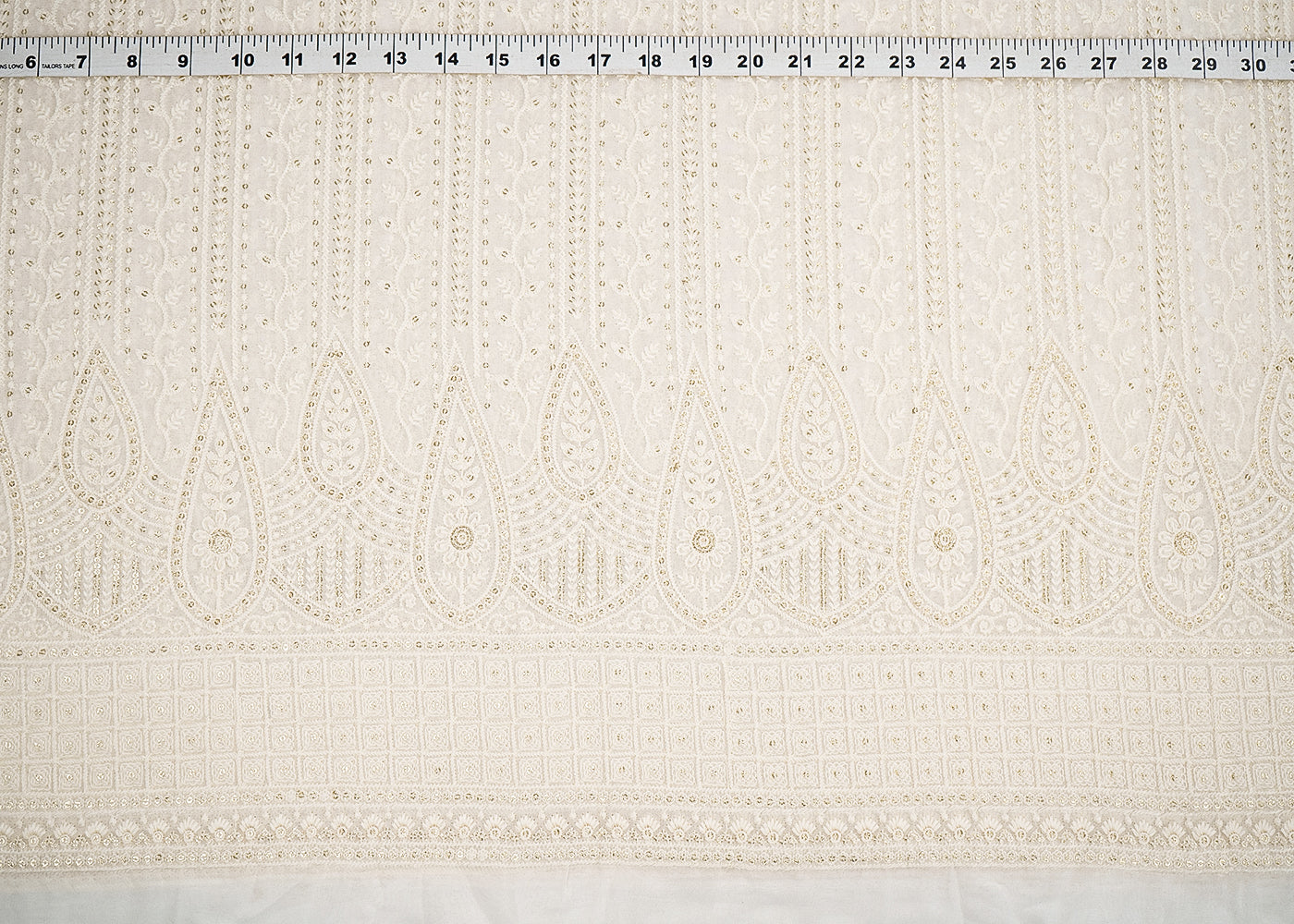 White Georgette Fabric with Allover Thread and Sequins Work with One-Side Scalloped Border 19795