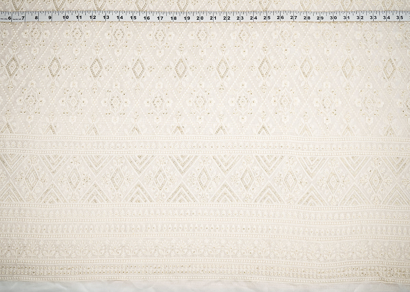 White Georgette Fabric with Allover Thread and Sequins Work with One-Side Scalloped Border 19796