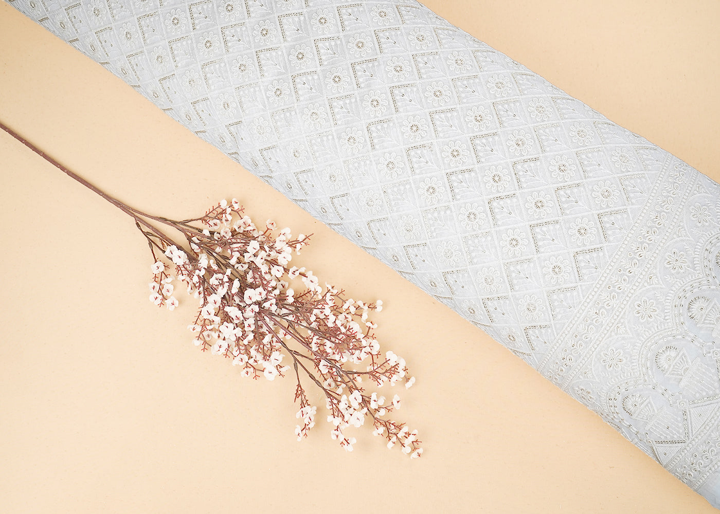 White Georgette Fabric with Allover Thread and Sequins Work with One-Side Scalloped Border 19797