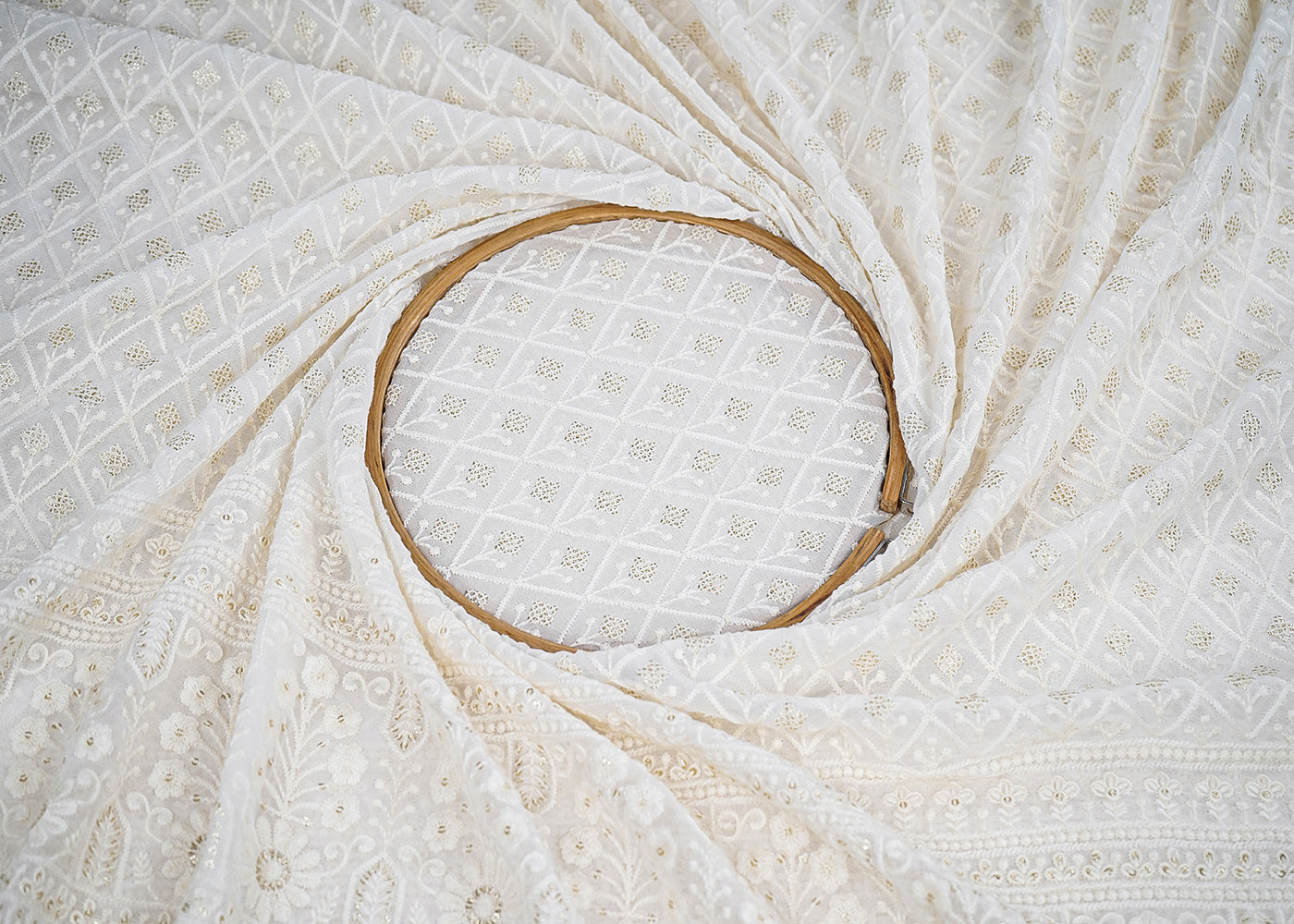 Madhuri Dixit Inspired Edition | White Embroidered Georgette Unstitched Fabric 19798