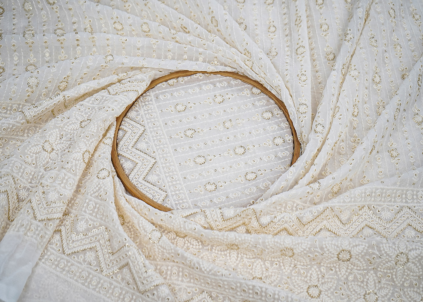 White Georgette Fabric with Allover Thread and Sequins Work with One-Side Scalloped Border 19799