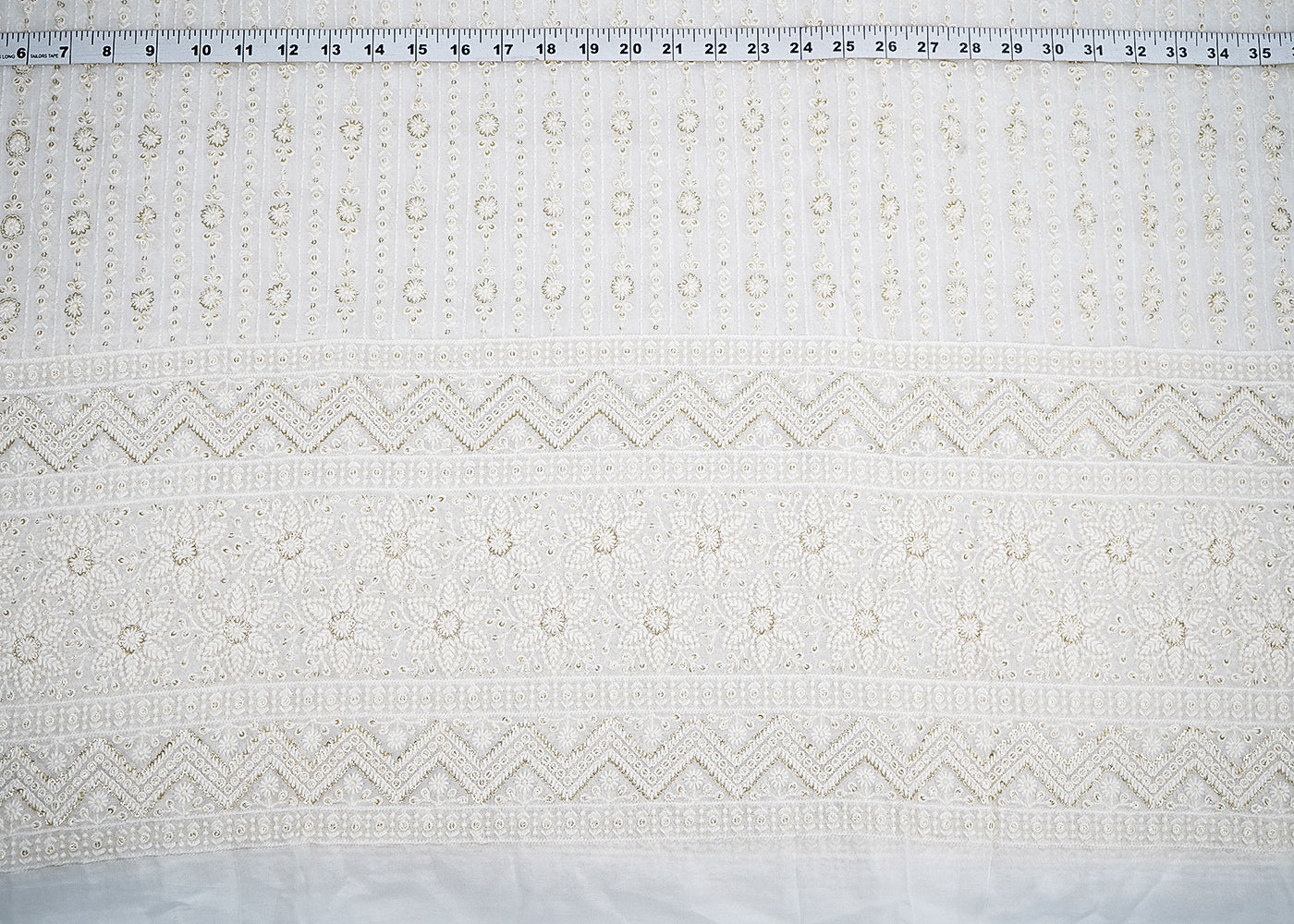 White Georgette Fabric with Allover Thread and Sequins Work with One-Side Scalloped Border 19799