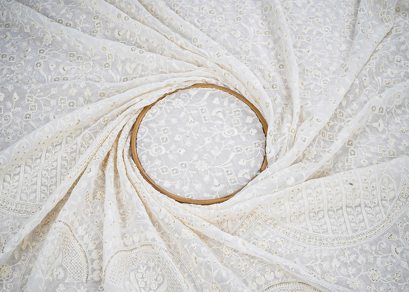 White Georgette Fabric with Allover Thread and Sequins Work with One-Side Scalloped Border 19801