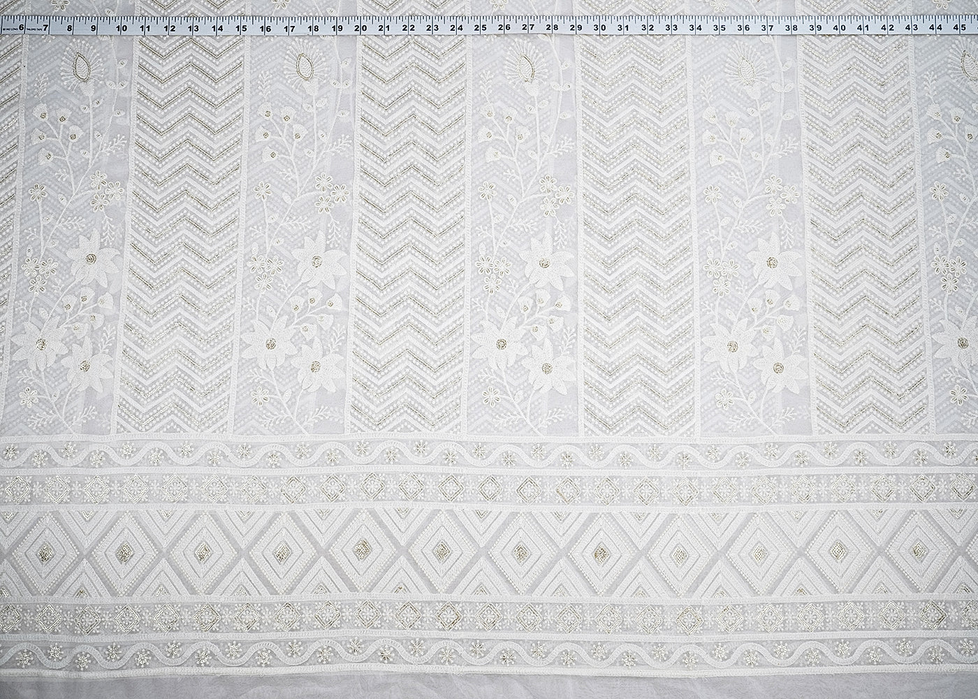 White Georgette Fabric with Allover Thread and Sequins Work with One-Side Scalloped Border 19802