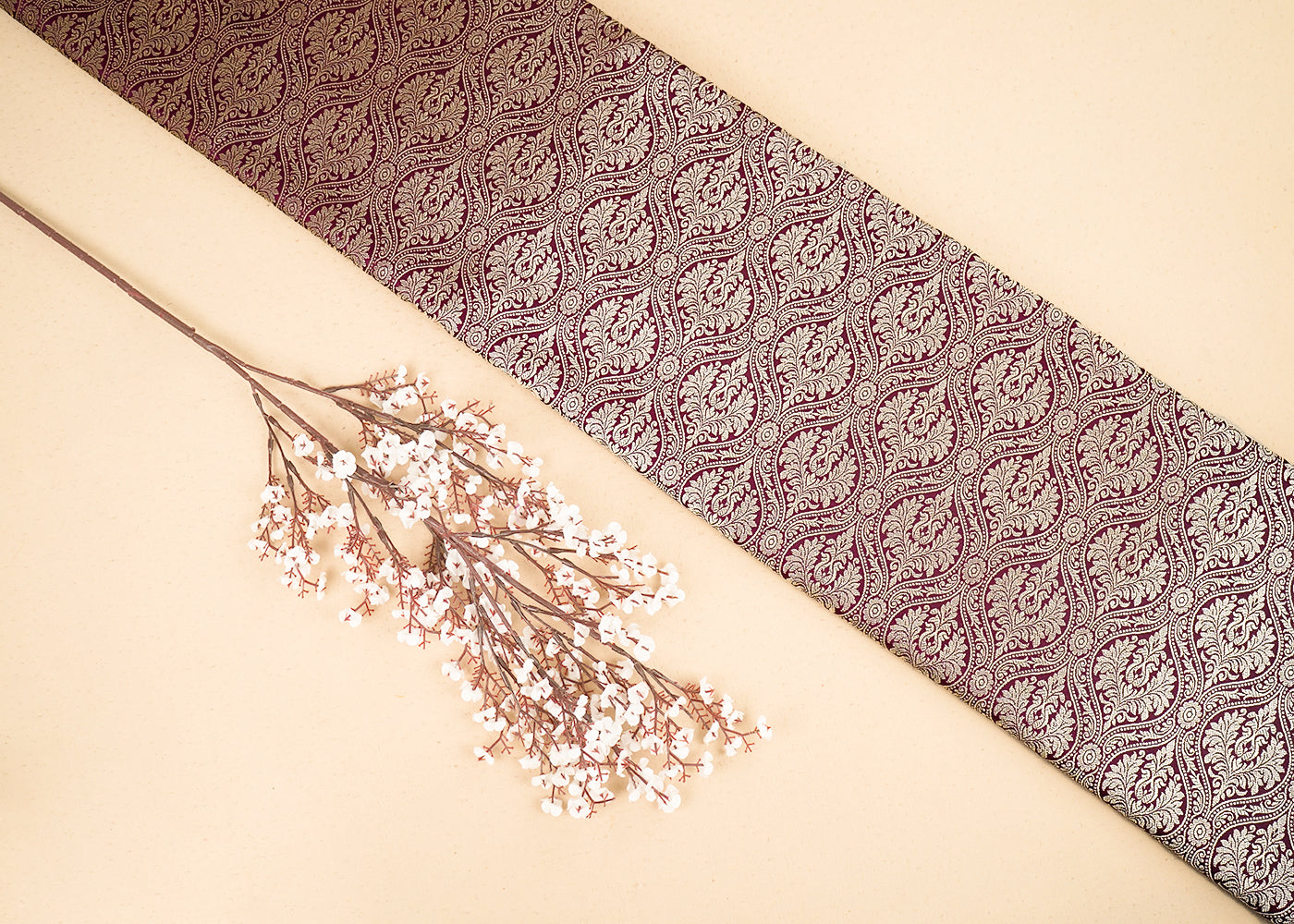 Wine Banarasi Brocade Fabric with Allover Golden Zari Handloom 19843