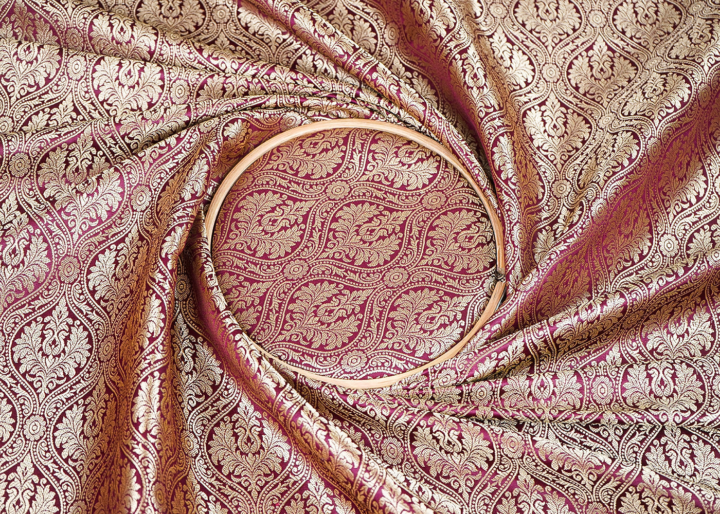 Wine Banarasi Brocade Fabric with Allover Golden Zari Handloom 19843