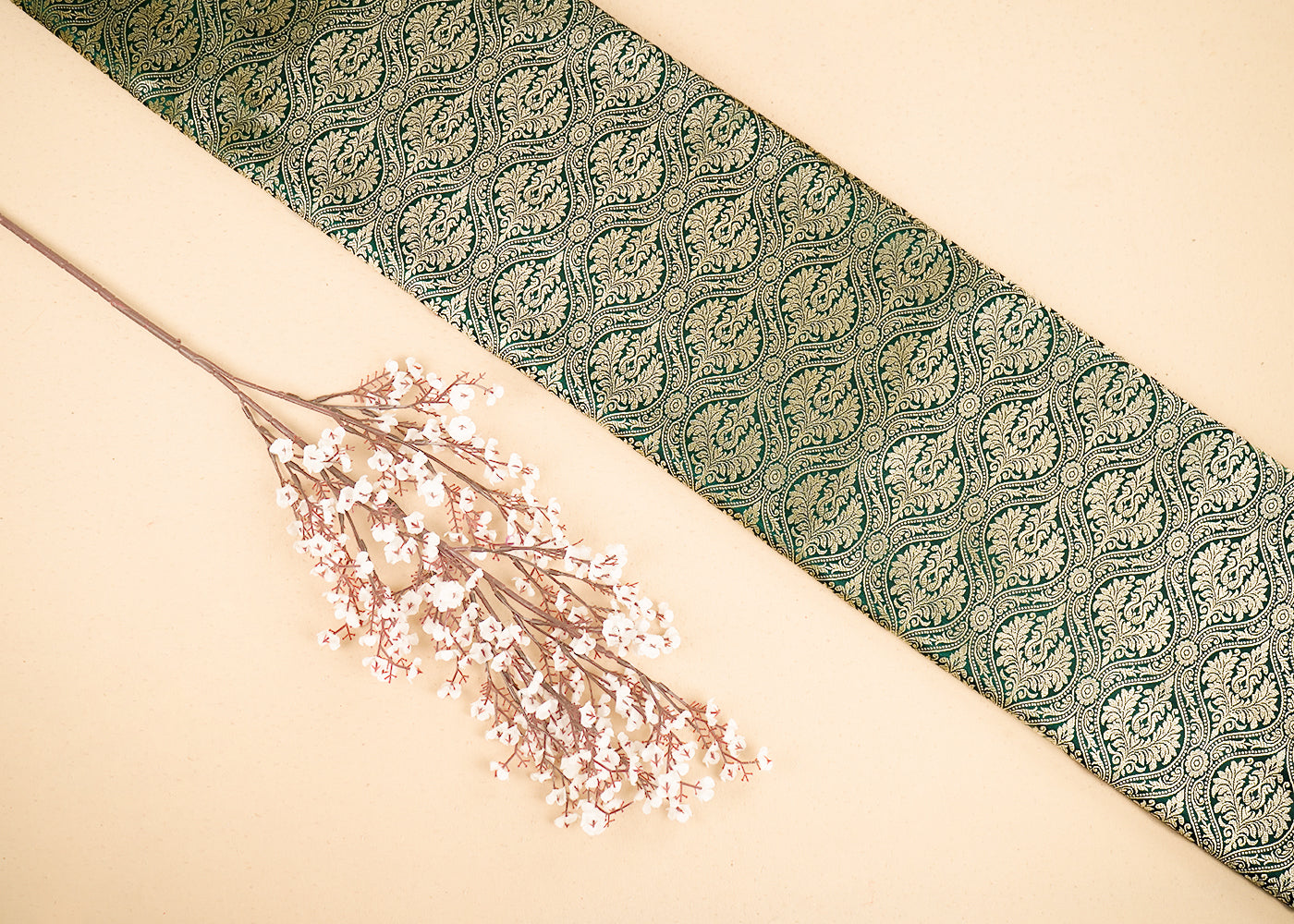 Bottle Green Banarasi Brocade Fabric with Allover Golden Zari Handloom 19846