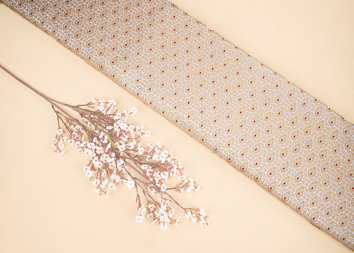 Blush Pink Banarasi Brocade Fabric with Allover Golden Zari Handloom 19860