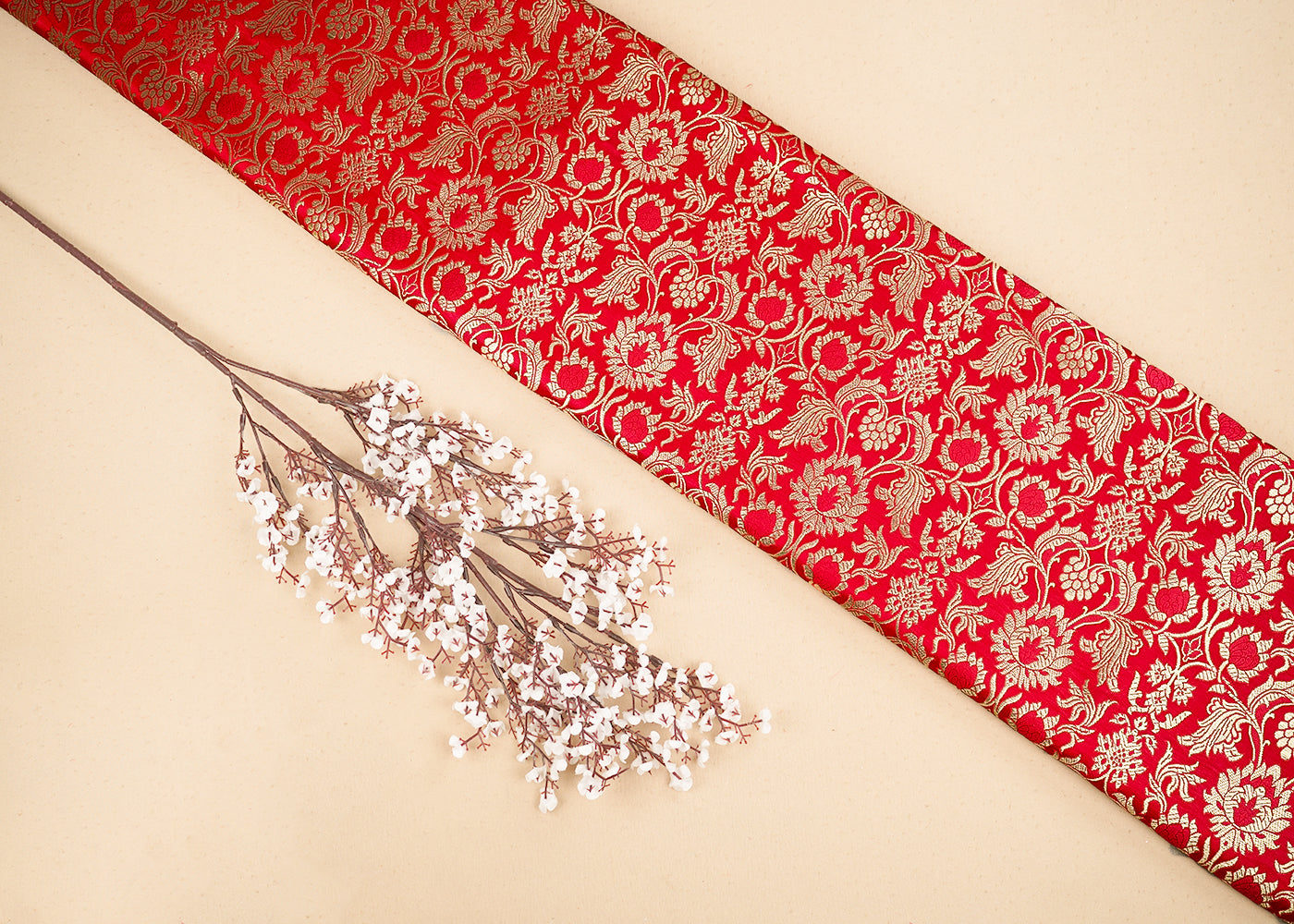 Red Banarasi Brocade Fabric With All Over Golden Zari Handloom 19863