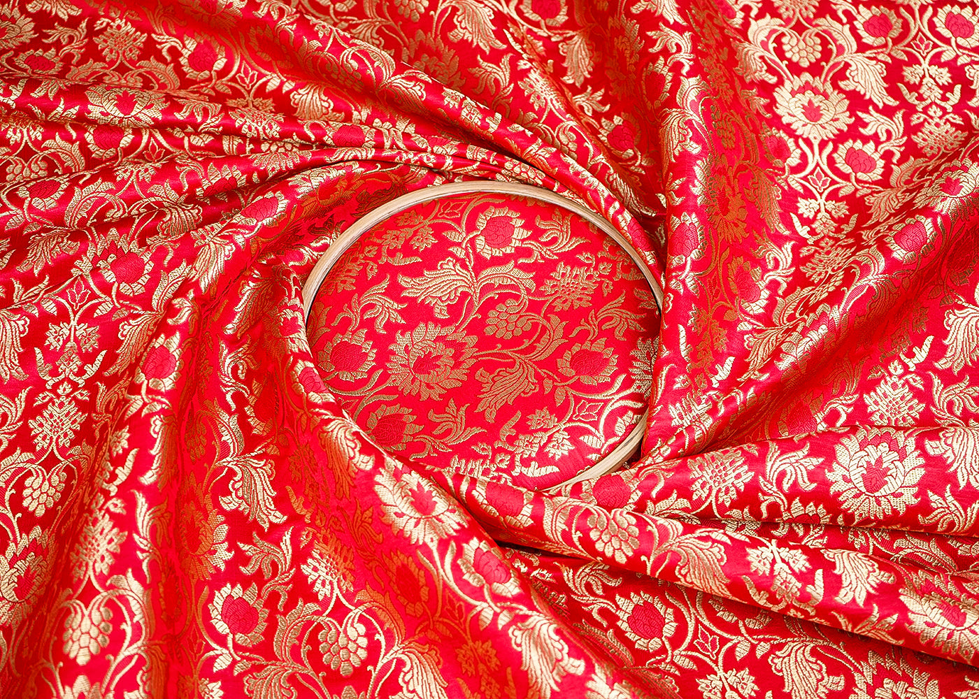 Red Banarasi Brocade Fabric With All Over Golden Zari Handloom 19863