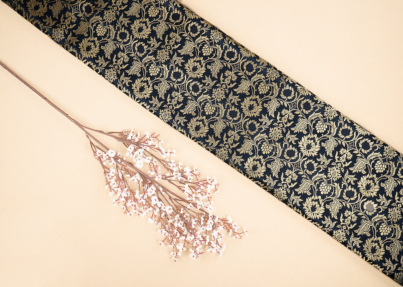 Black Banarasi Brocade Fabric With All Over Golden Zari Handloom 19865