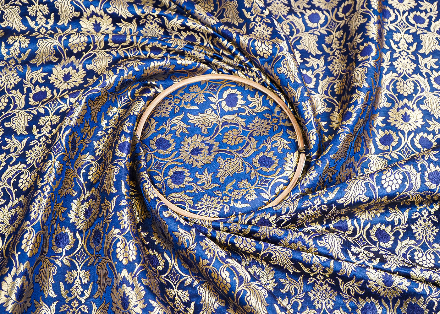 Navy Blue Banarasi Brocade Fabric With All Over Golden Zari Handloom 19866