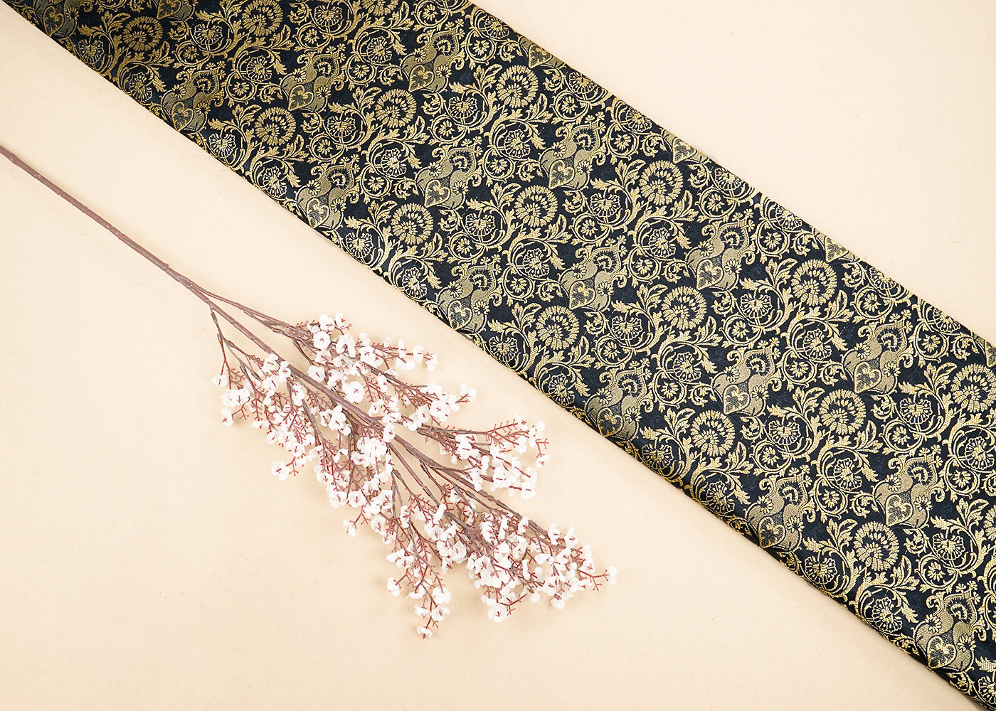 Black Banarasi Brocade Fabric With All Over Golden Zari Handloom 19868