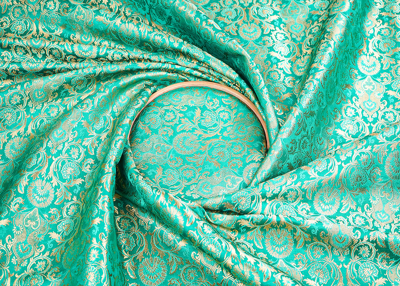 Teal Green Banarasi Brocade Fabric With All Over Golden Zari Handloom 19869