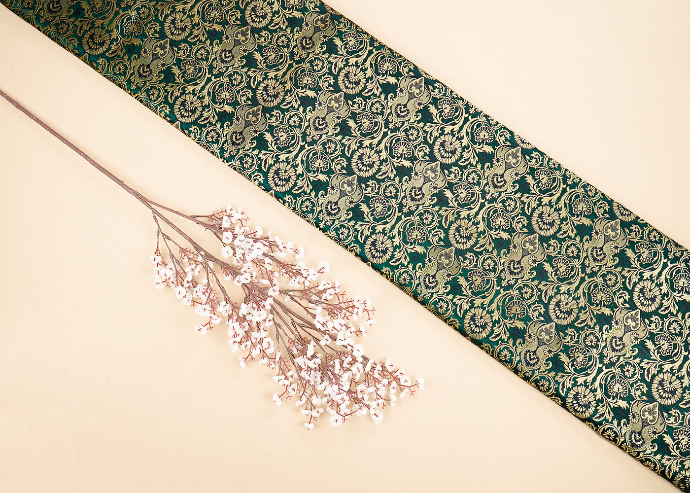 Bottle Green Banarasi Brocade Fabric With All Over Golden Zari Handloom 19870