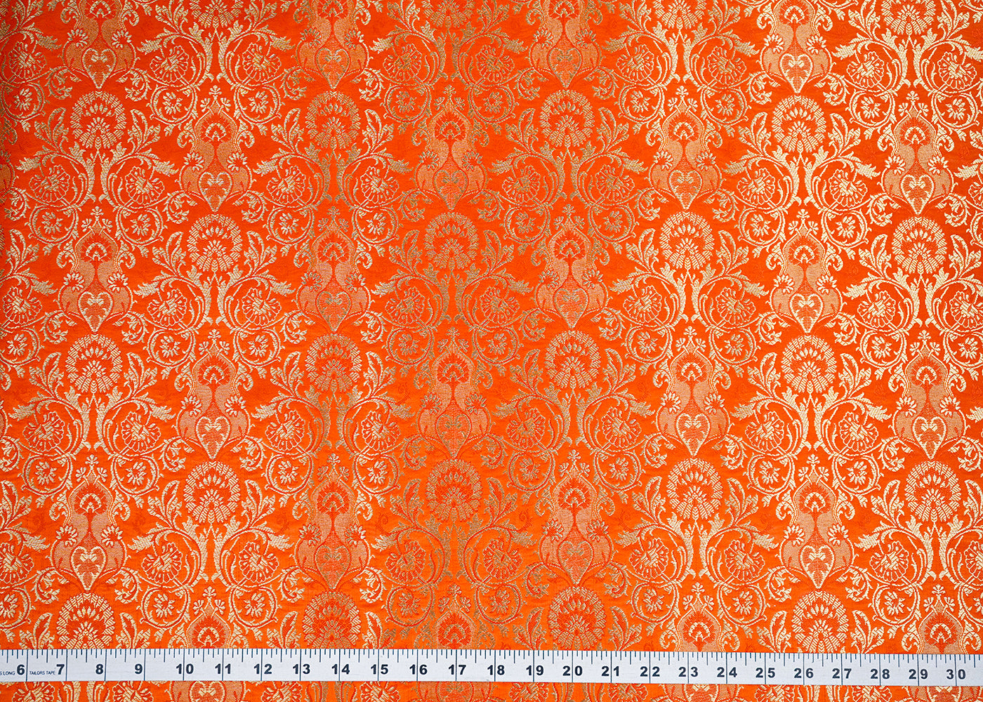 Orange Banaeasi Brocade Fabric With All Over Golden Zari Handloom 19872