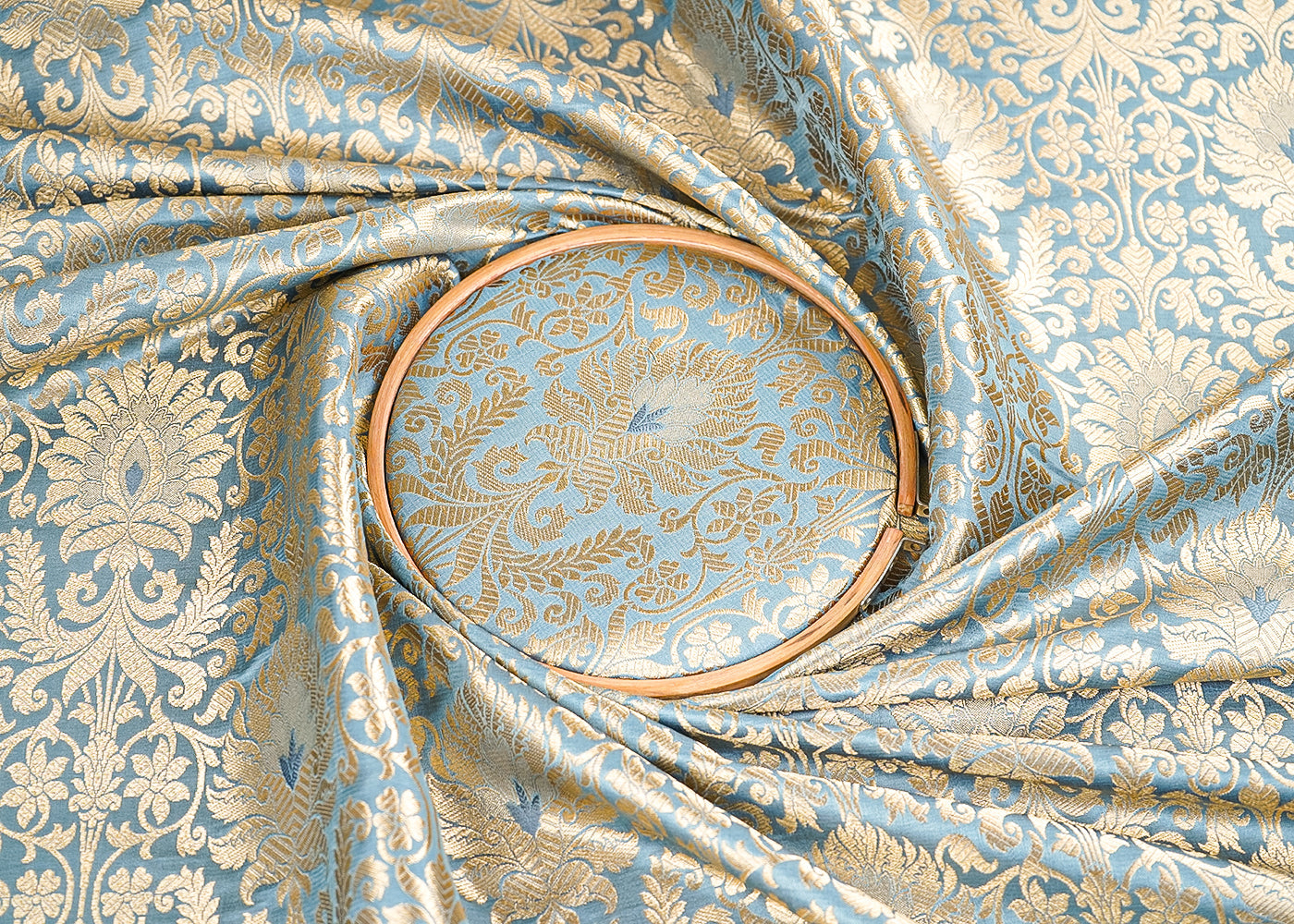 Cool Grey Banarasi Brocade Fabric with Allover Golden Zari Handloom 19873