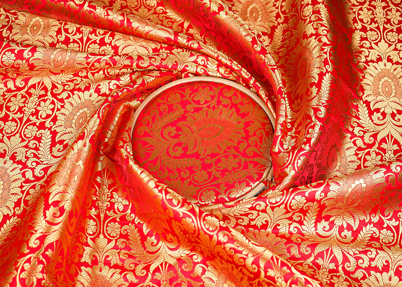Red Banarasi Brocade Fabric with Allover Golden Zari Handloom 19874