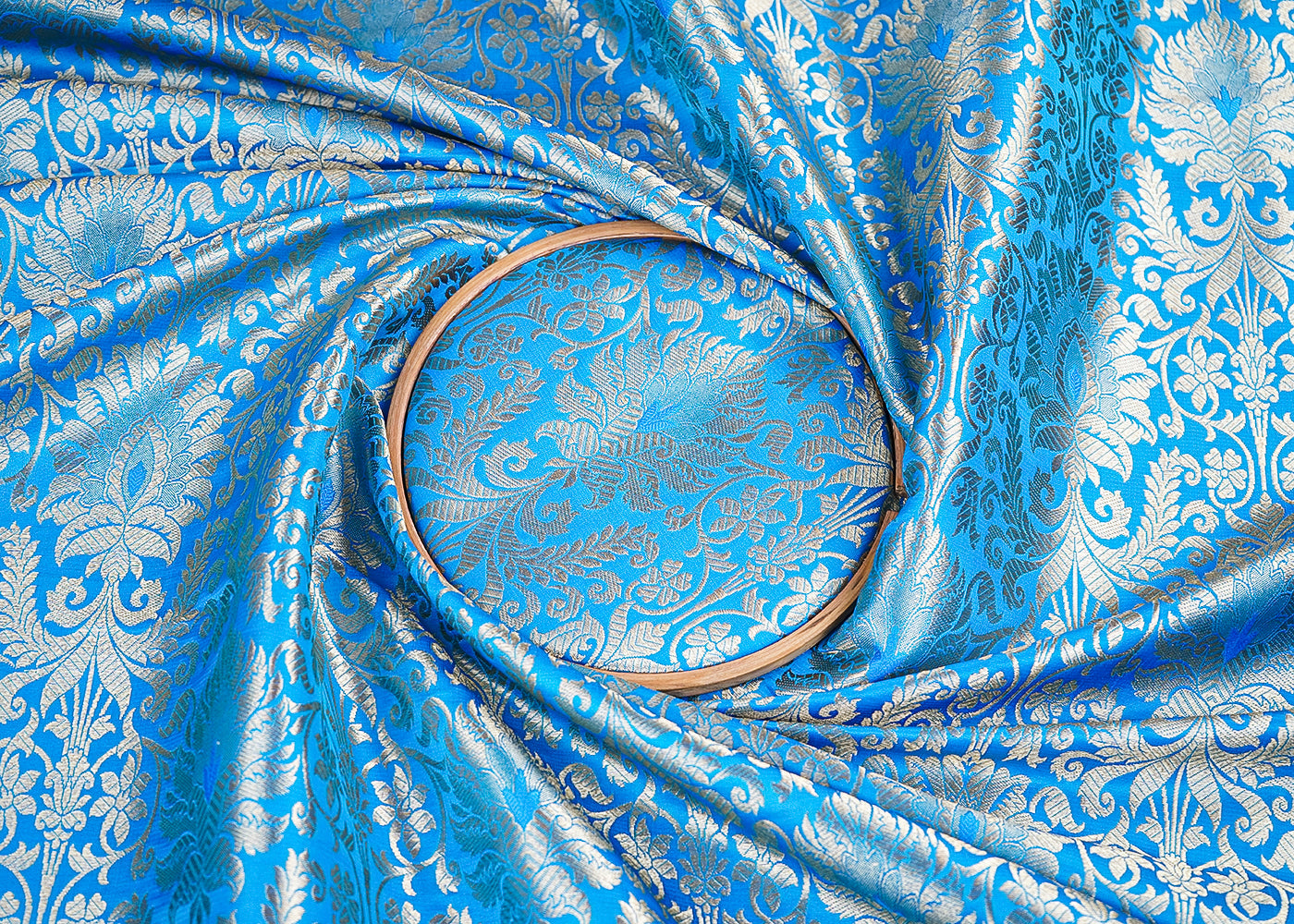 Light Blue Banarasi Brocade Fabric with Allover Golden Zari Handloom 19877