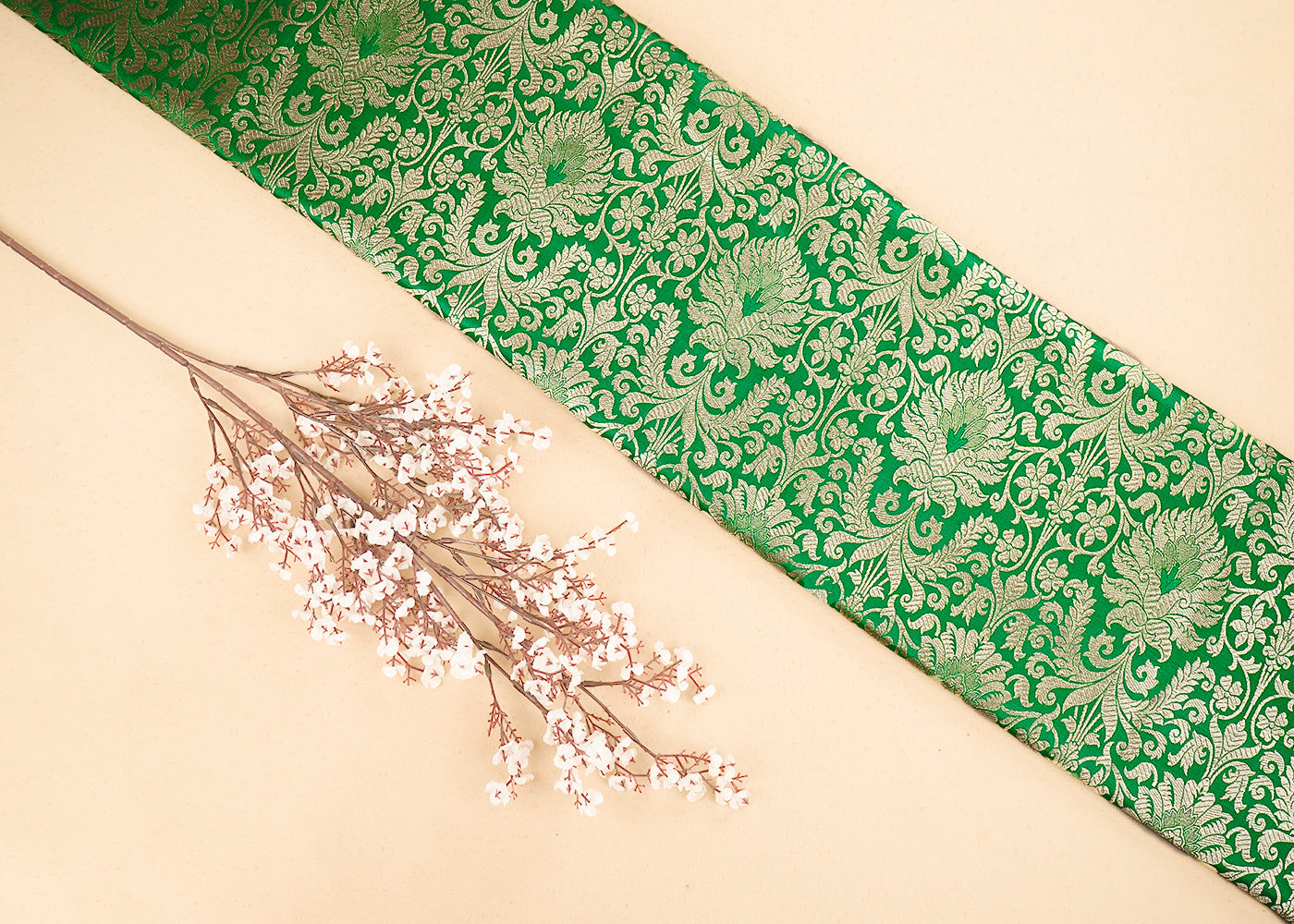 Green-Banarasi-Brocade-Fabric-with-Allover-Golden-Zari-Handloom-19878