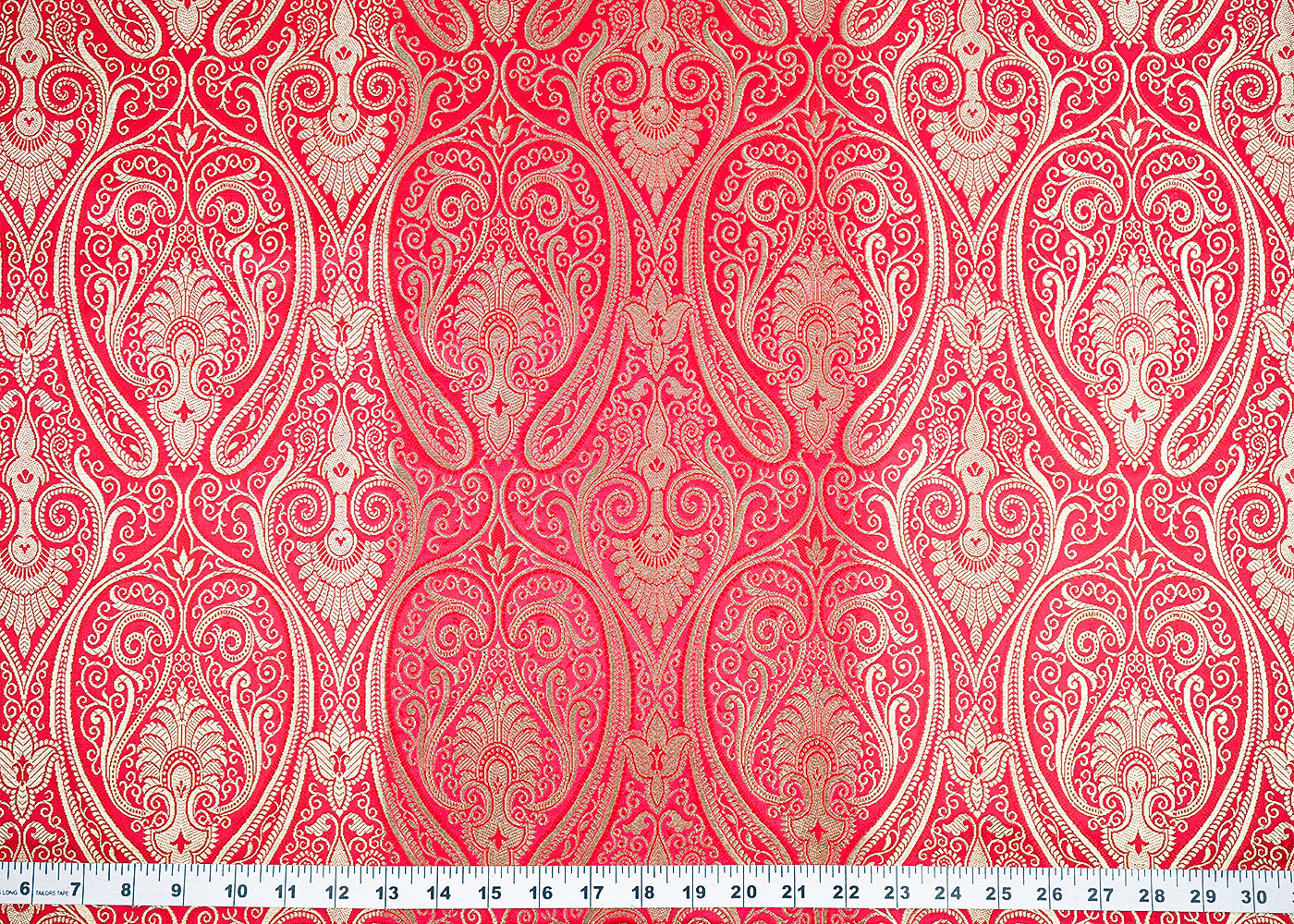 Red Banarasi Brocade Fabric with Allover Golden Zari Handloom 19885