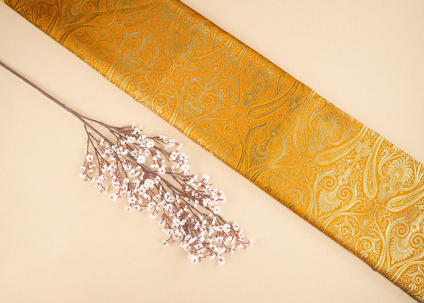 Mustard Banarasi Brocade Fabric with Allover Golden Zari Handloom 19886