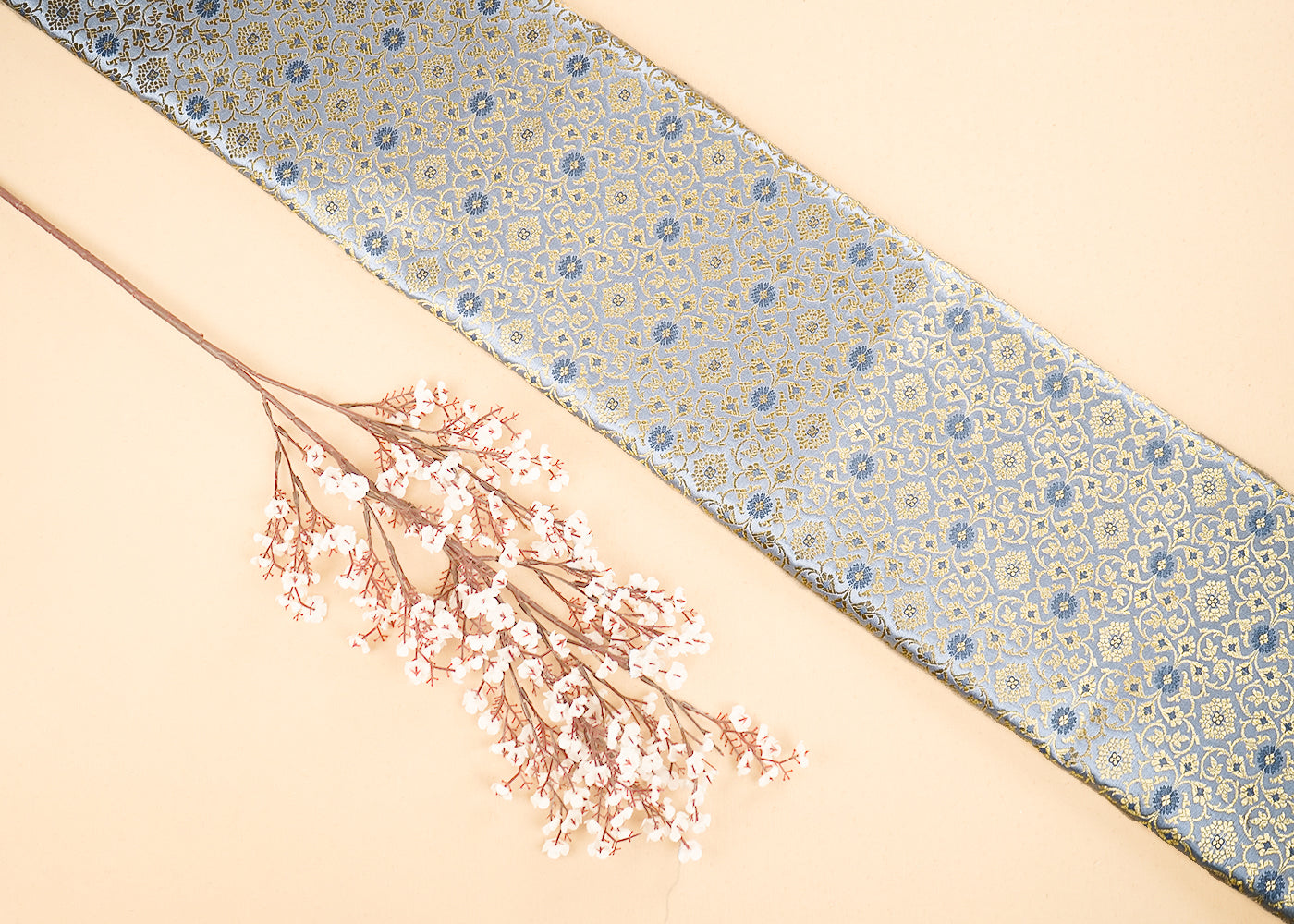 Grey Banarasi Brocade Fabric with Allover Golden Zari Handloom 19910