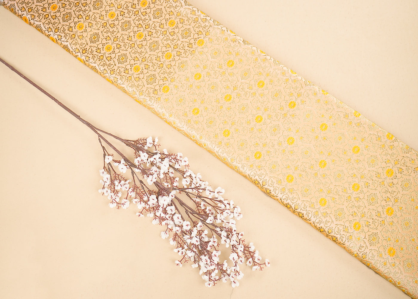 Cream Banarasi Brocade Fabric with Allover Golden Zari Handloom 19911