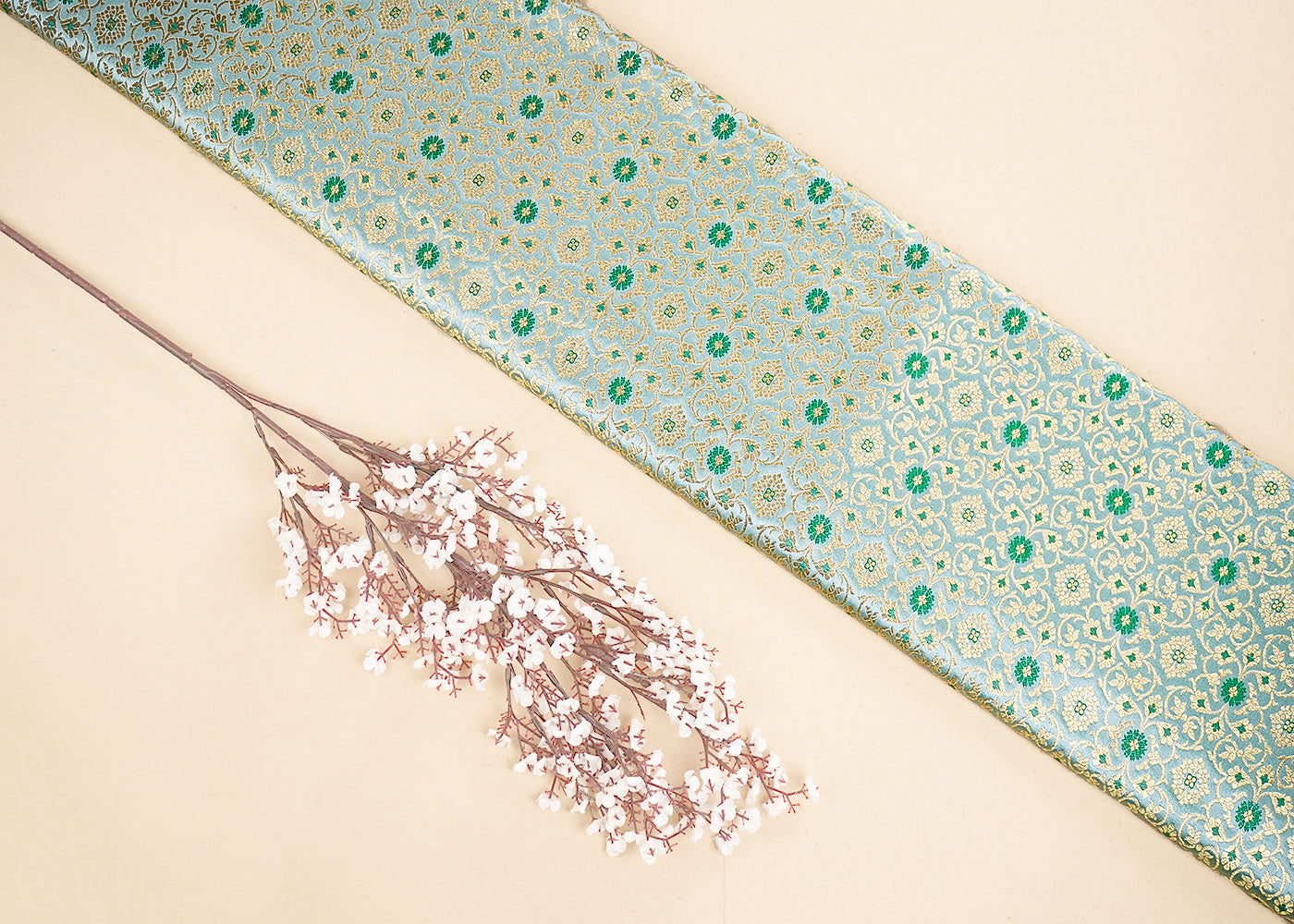 Mint Green Banarasi Brocade Fabric with Allover Golden Zari Handloom 19912