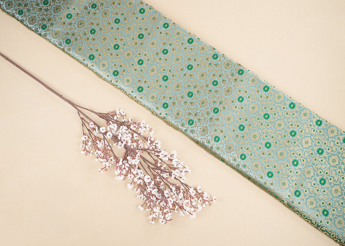 Sea Green Banarasi Brocade Fabric with Allover Golden Zari Handloom 19914