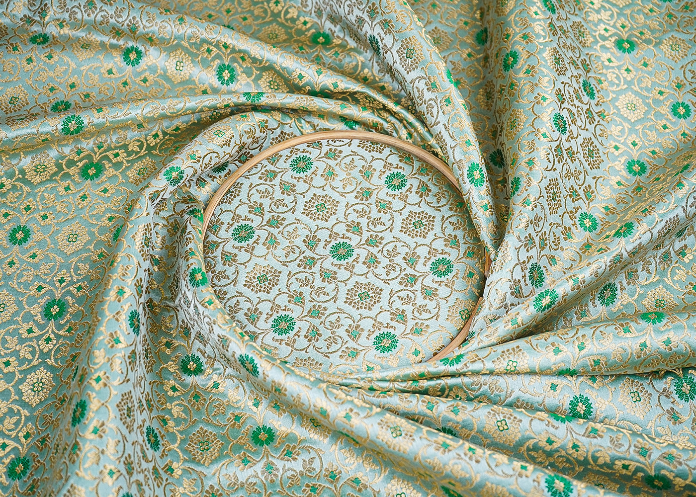 Sea Green Banarasi Brocade Fabric with Allover Golden Zari Handloom 19914