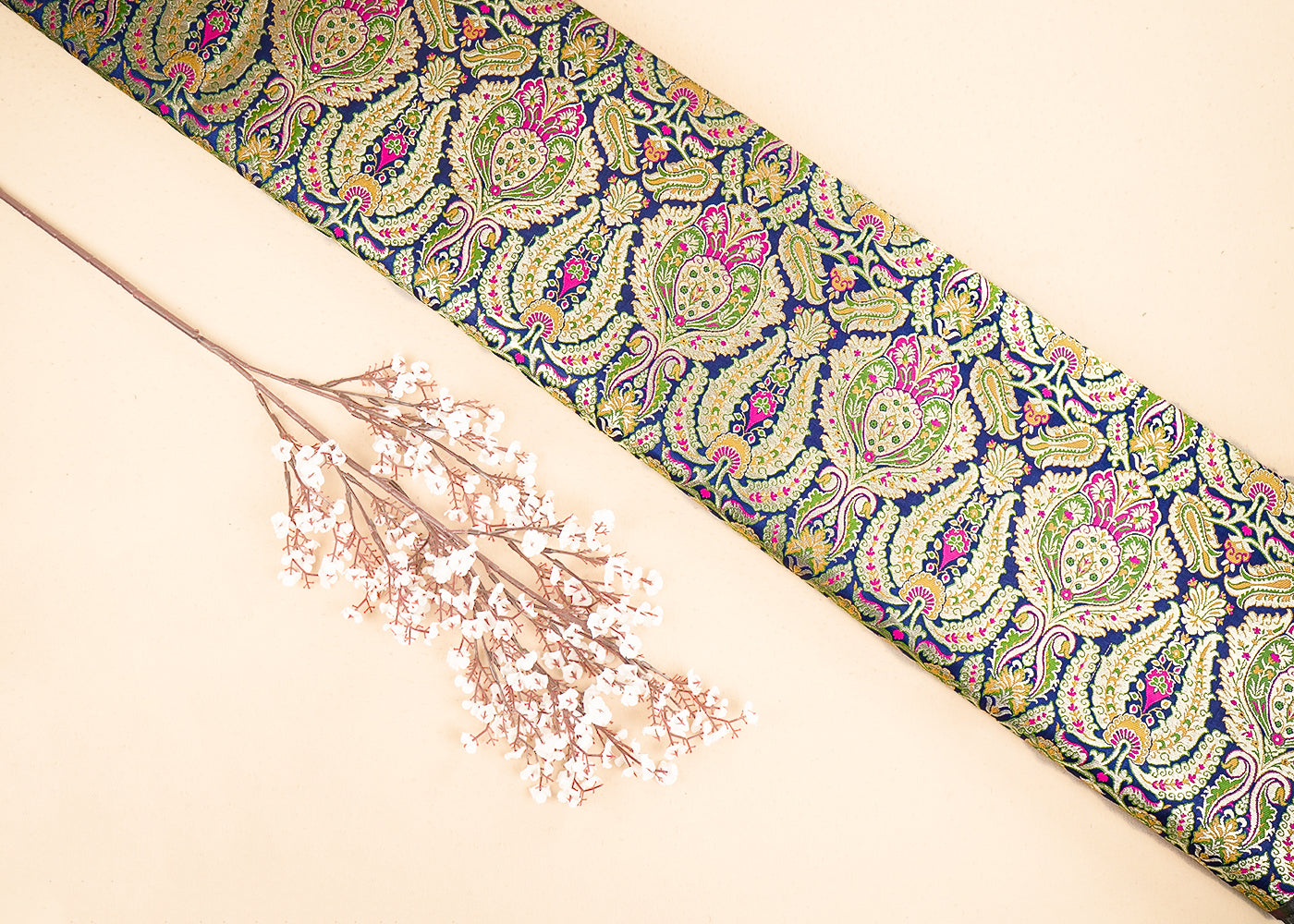 Navy Blue Pure Banarasi Brocade Fabric with Allover Golden Zari Handloom 19918