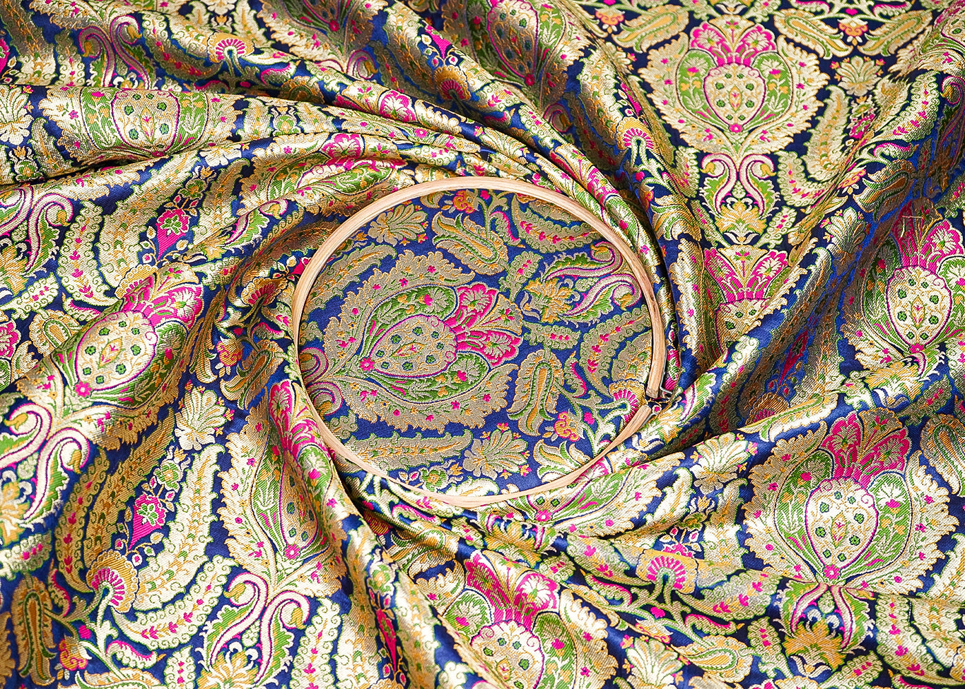 Navy Blue Pure Banarasi Brocade Fabric with Allover Golden Zari Handloom 19918