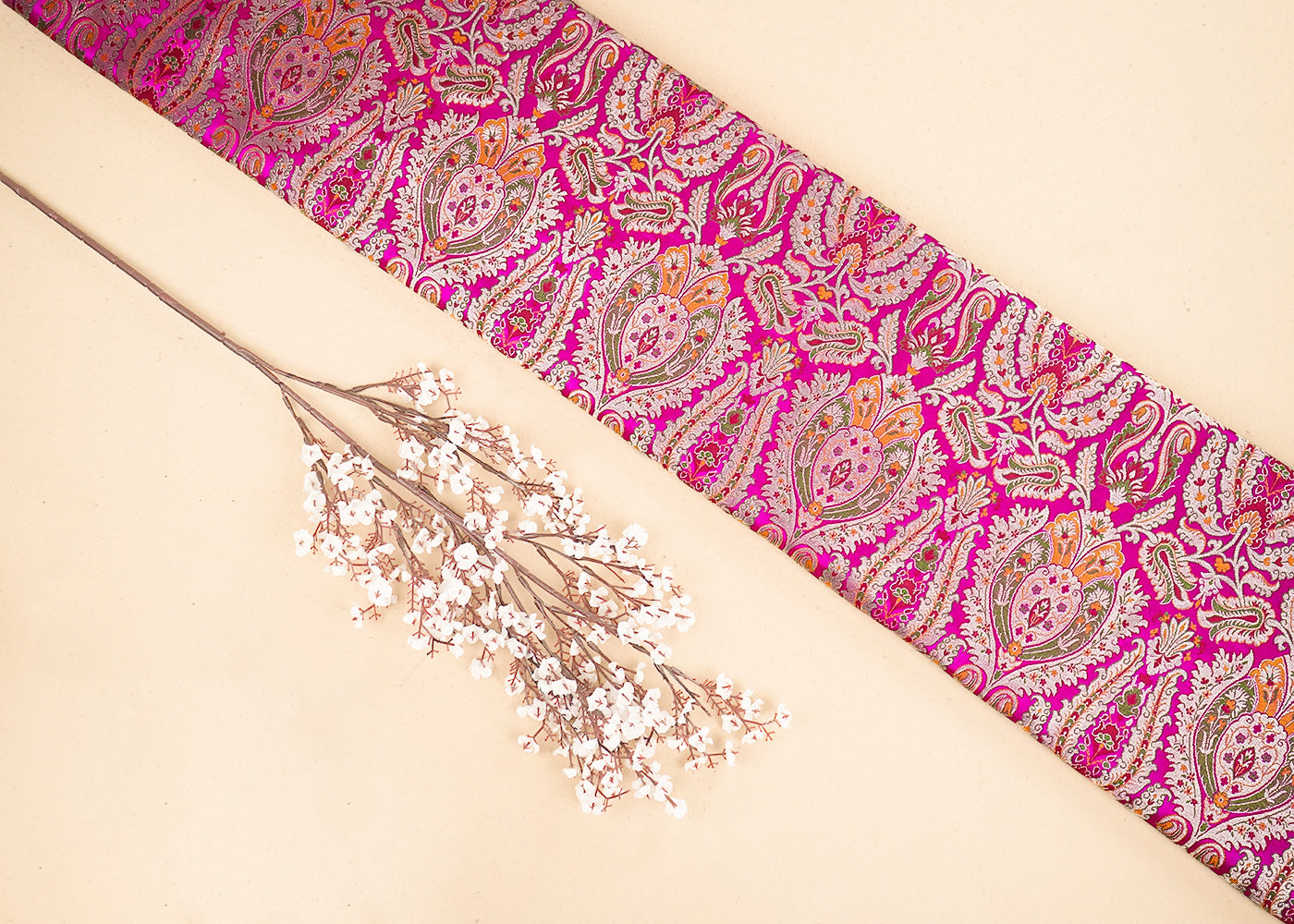 Rani Pink Pure Banarasi Brocade Fabric with Allover Golden Zari Handloom 19922