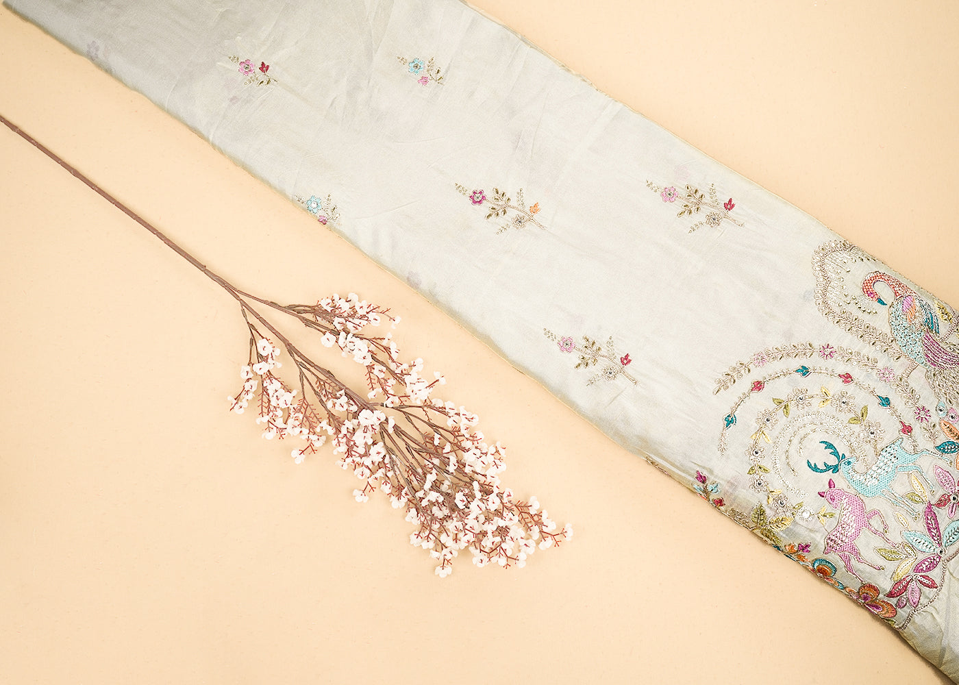 Golden Tissue Fabric With All Over Zari, Sequins And Thread  Work With One Side Border 19933