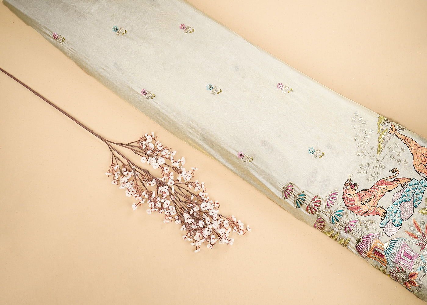 Golden Tissue Fabric With All Over Zari, Sequins And Thread  Work With One Side Border 19934