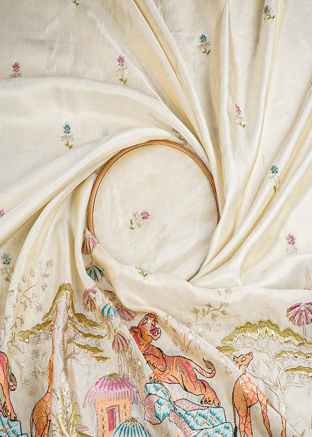 Golden-Dyeable-Tissue-Fabric-With-All-Over-Zari,-Sequins-And-Thread-Work-With-One-Side-Border-19934-close-view