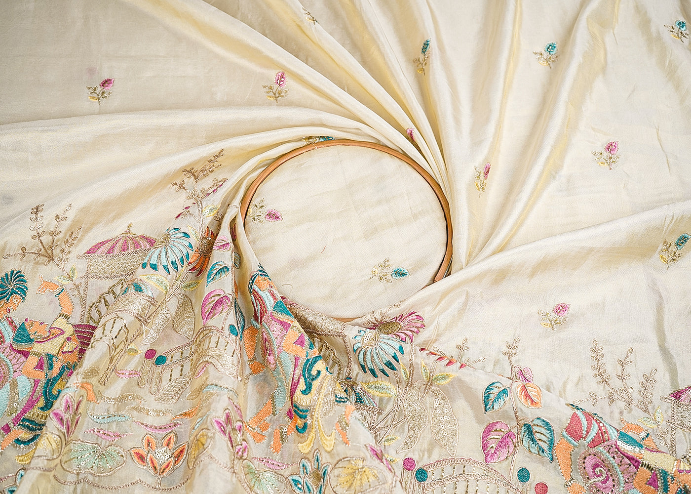 Golden Tissue Fabric With All Over Zari, Sequins And Thread  Work With One Side Border 19935