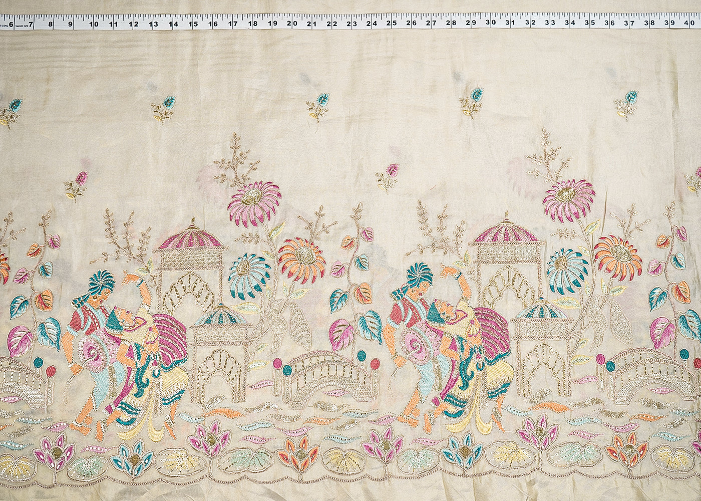Golden Tissue Fabric With All Over Zari, Sequins And Thread  Work With One Side Border 19935