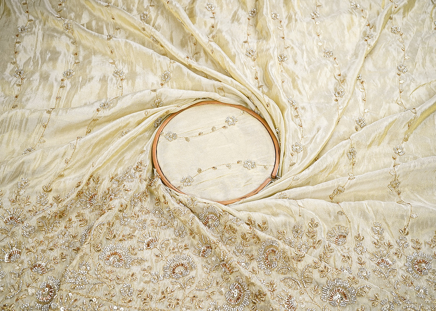 Golden Tissue Fabric With All Over Zari, Sequins, Katdana And Bead Work With One Side Border 19937