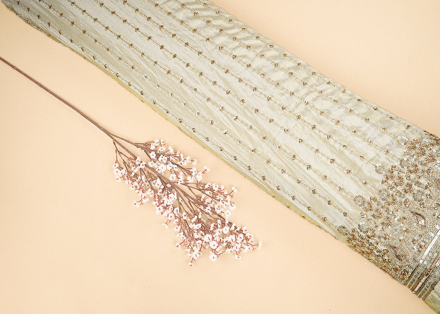 Golden Tissue Fabric With All Over Zari, Sequins, Katdana And Bead Work With One Side Border 19938